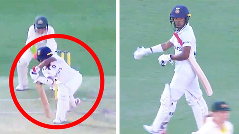 Punam Raut (pictured left) playing a shot and (pictured right) walking off after being given not out by the umpire.