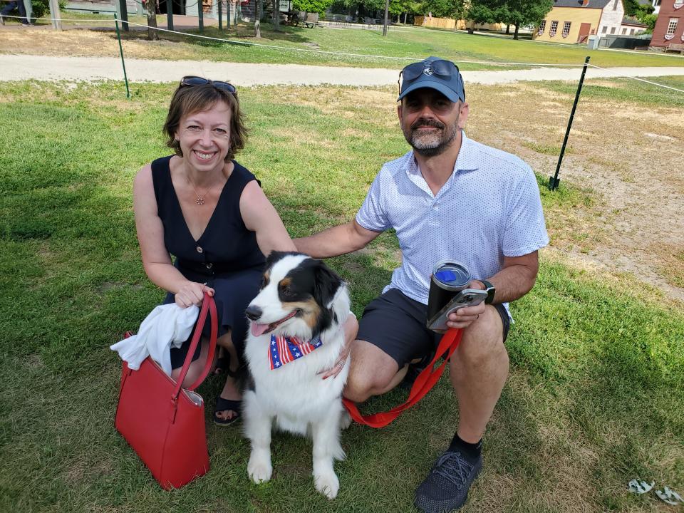 Linda Gray Martin, who is from England, with Dapper the dog and her husband, Dave Martin. Linda, who is from England, became a U.S. citizen during a naturalization ceremony Monday, July 4, 2022 in Portsmouth.