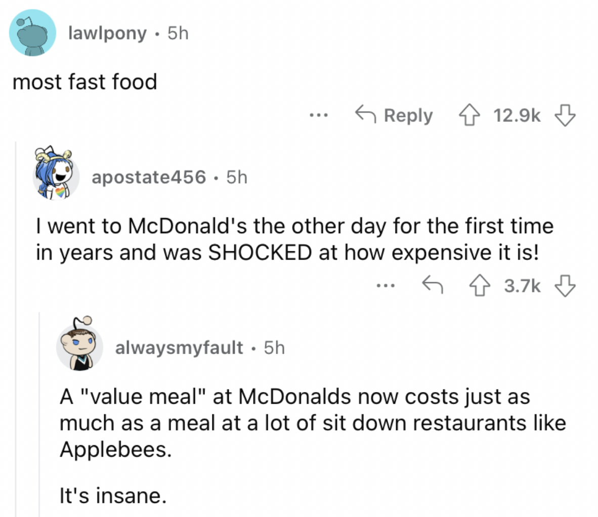 Reddit screenshot about how McDonald's is super expensive nowadays