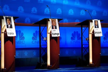 The podiums for (L to R) Marco Rubio, Donald Trump and Ben Carson are lined up in the center of the stage for tomorrow's Republican presidential candidate debate in Boulder, Colorado October 27, 2015. REUTERS/Rick Wilking