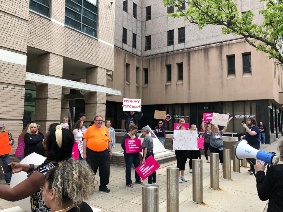 Supporters of abortion rights gather outside the Edward N. Cahn U.S. Courthouse & Federal Building in Allentown, Pa., on Tuesday, May 3, 2022.