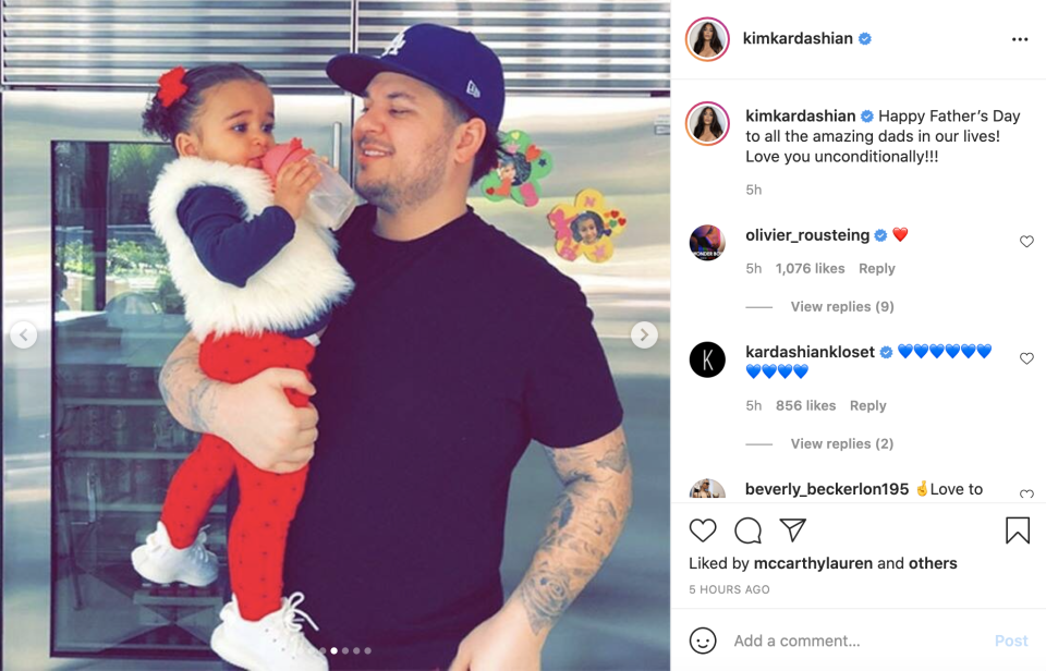 A picture of Rob Kardashian holding his daughter Dream in a kitchen, taken from Kim Kardashian's Instagram