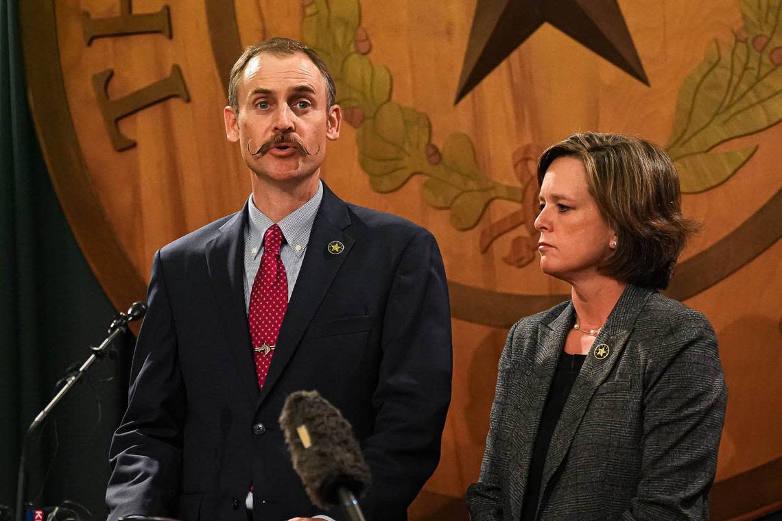 House impeachment manager Rep. Andrew Murr, left, speaks at a press conference after Attorney General Ken Paxton was acquitted of all charges in his impeachment trial at the Texas Capitol on Saturday, Sep. 16, 2023.