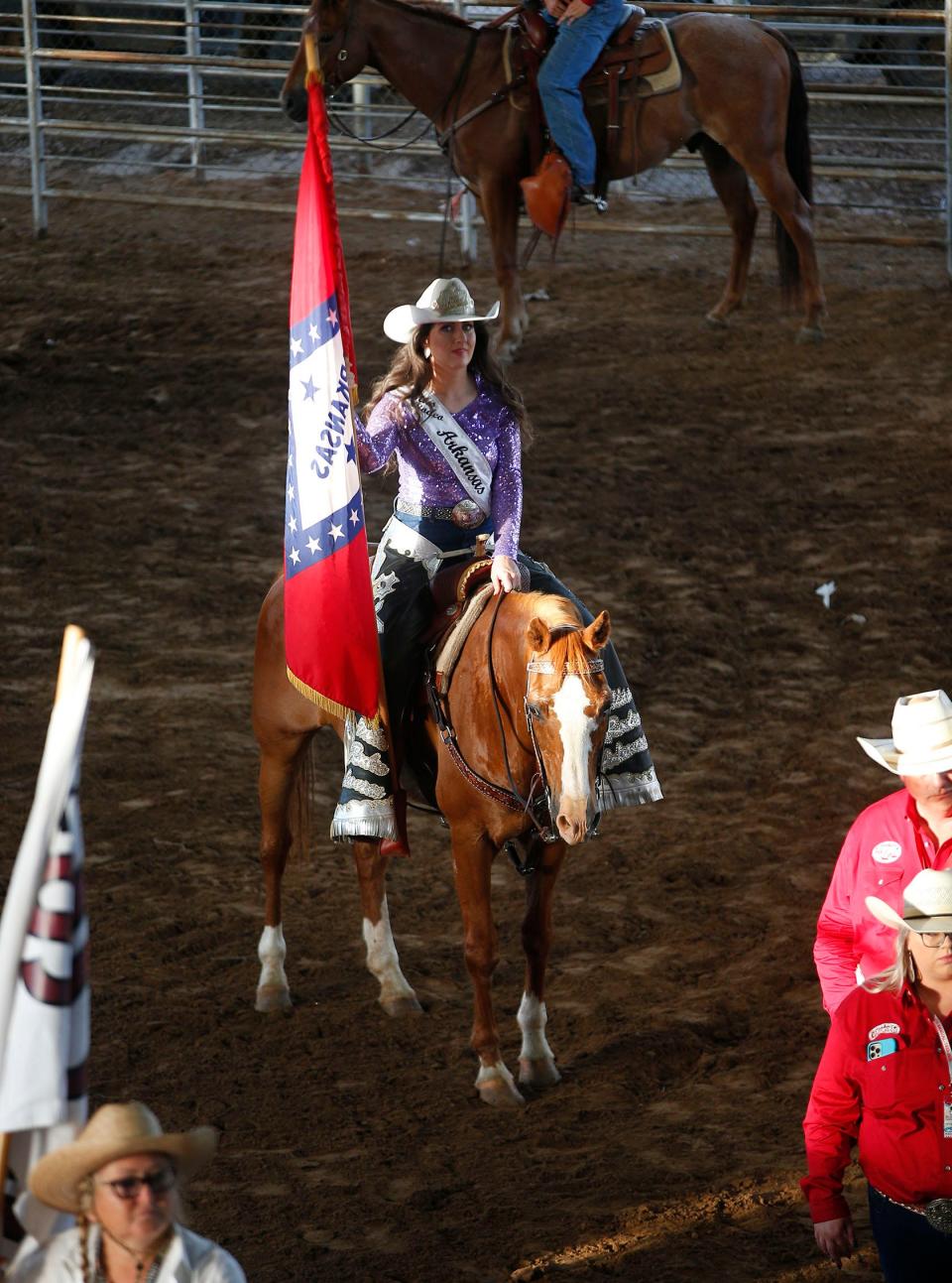 Miss Arkansas Rodeo Molly Musick prepares to lead the other riders during the grand entry of the 89th Annual Old Fort Days Rodeo on June 1, 2022, at Kay Rodgers Park in Fort Smith.