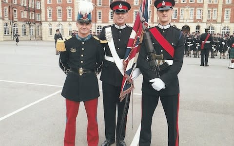 Picture shows: Lt Franco Albrecht (left) alongside British cadets at Sandhurst in 2014. Albrecht, the German army officer arrested for masqueraing as a refugee and accused of planning a false flag terror attack, has spoken out publicly for the first time this week. Sourced by Justin Huggler - Credit: Private