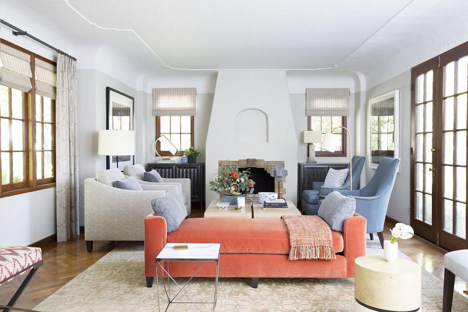 <p>Peach and powder blue punctuate the color palette of this space by <a href="https://deringhall.com/interior-designers/melinda-mandell-interior-design" rel="nofollow noopener" target="_blank" data-ylk="slk:Melinda Mandell Interior Design;elm:context_link;itc:0;sec:content-canvas" class="link ">Melinda Mandell Interior Design</a>.</p>