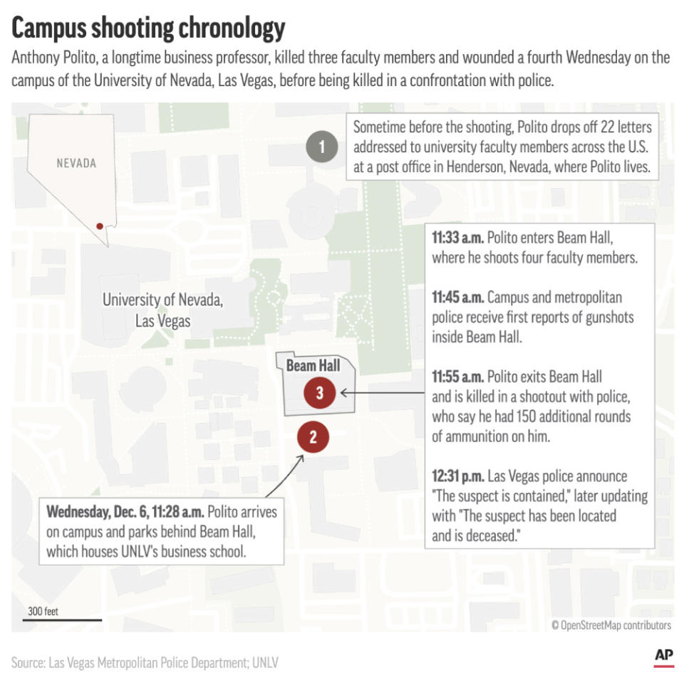 How events unfolded at UNLV Wednesday, when a gunman shot four faculty members, killing three. (AP Digital Embed)