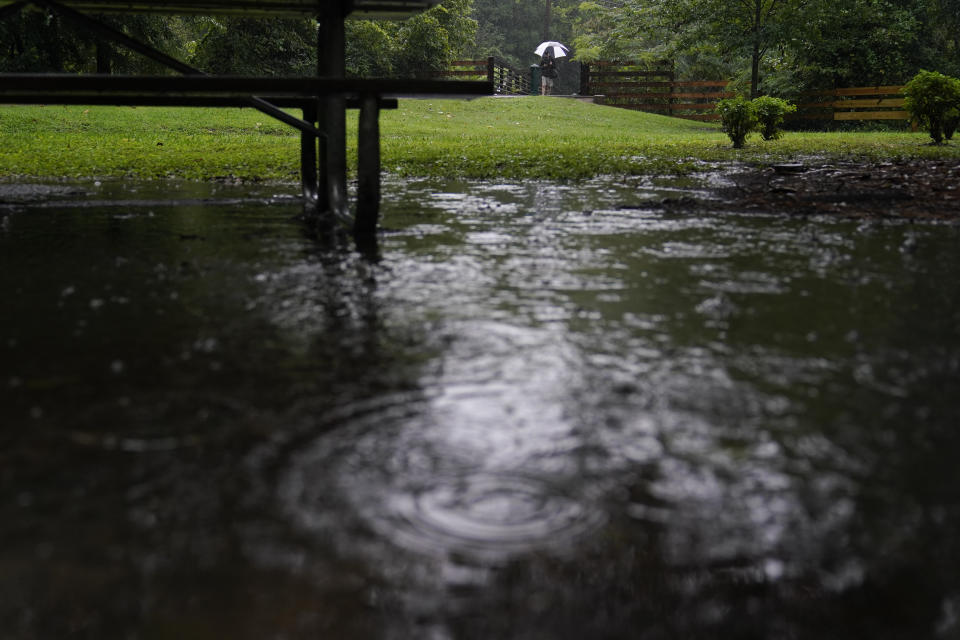 A person with an umbrella walks near a flooded park bench around Nancy Creek near Atlanta, as Tropical Storm Fred makes its way through north and central Georgia on Tuesday, Aug. 17, 2021. (AP Photo/Brynn Anderson)