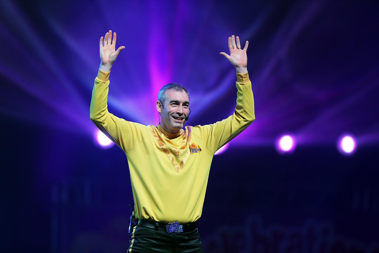 Greg Page of The Wiggles performs on stage during The Wiggles Celebration Tour at Sydney Entertainment Centre on December 23, 2012 in Sydney, Australia. This concert is the final time the original members of The Wiggles will perform on stage together as Greg, Murray and Jeff are retiring. 