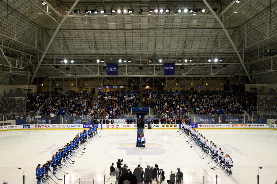 Opening ceremonies take place before the puck drop of the inaugural PWHL hockey game between New York and Toronto, in Toronto, on Monday, Jan. 1, 2024. (Christopher Katsarov/The Canadian Press via AP)