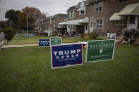 Campaign signs to re-elect Donald Trump for president adorn the yards of many homes in the Philadelphia suburb of Chester, Pa. on Wednesday, Oct. 28, 2020. (AP Photo/Robert Bumsted)