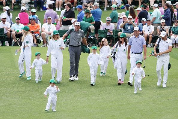 AUGUSTA, GEORGIA - APRIL 10: Keegan Bradley of the United States, Luke List of the United States and Camilo Villegas of Colombia walk the second hole with their families during the Par Three Contest prior to the 2024 Masters Tournament at Augusta National Golf Club on April 10, 2024 in Augusta, Georgia. (Photo by Jamie Squire/Getty Images) (Photo by Jamie Squire/Getty Images)