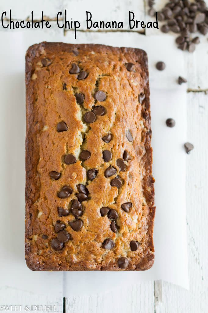 The variation on banana bread is a very simple one, but it might be our favourite. <a href="http://www.sweetanddelish.com/chocolate-chip-banana-bread/" target="_blank">Get the recipe from Sweet And Delish here.</a>