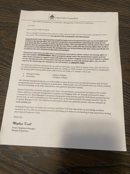 The letter sent to residents of the newly named Evergreen Park Townhomes and Apartments received this letter notifying them of the ownership change at the troubled property. (WLNS)