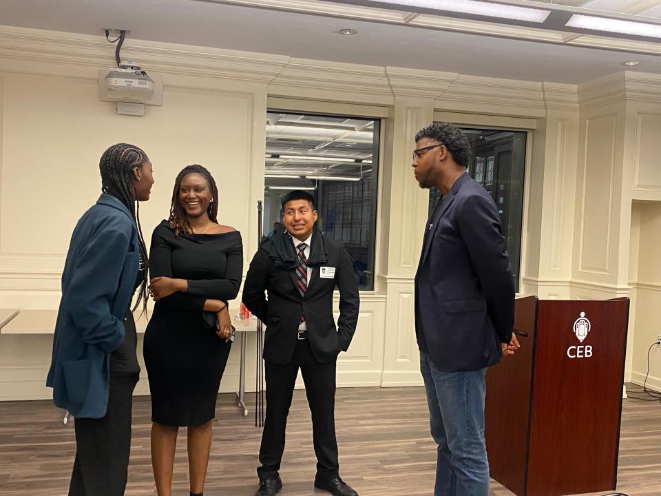 Tariah Hyland joins fellow TeenSHARP alums Alphina Kamara and William Garcia to meet with and advise TeenSHARP co-founder Atnre Alleyne in Wilmington, Delaware.