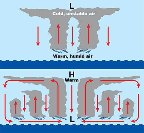 This illustration shows warm vapor rising to the top of the clouds of a tropical disturbance. The heat is released at the top and creates a pattern of high pressure air pushing out low pressure air, fueling the growth of a tropical disurbance.