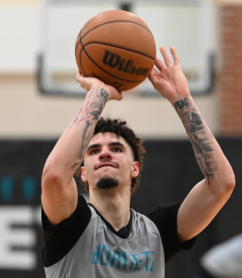 Charlotte Hornets guard LaMelo Ball shoots free throws at the conclusion of practice on Tuesday, October 3, 2023 at Spectrum Center in Charlotte, NC.