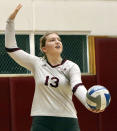 In this image provided by Antelope Valley College, Antelope Valley College's Cameron Nelsen serves during a volleyball match against Santa Monica College at the Antelope Valley College gym in Antelope Valley, Calif., Oct. 18, 2023. Nelsen, along with basketball player Myron Amey Jr. who is transferring to Loyola Marymount from San Jose State, are winners of the final CalHOPE Courage Award for this school year. (Byron Devers/AVC Sports Information via AP)