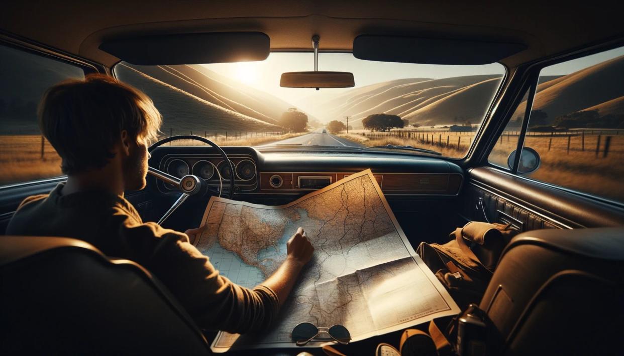 AI-generated image of a man using a map in his car during a road trip