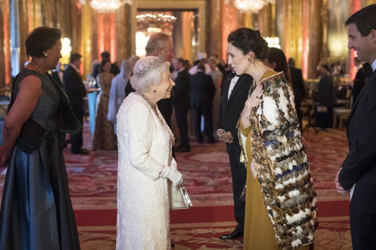 LONDON, ENGLAND - APRIL 19: Queen Elizabeth II greets Jacinda Ardern, Prime Minister of New Zealand in the Blue Drawing Room at The Queen's Dinner during the Commonwealth Heads of Government Meeting (CHOGM) at Buckingham Palace on April 19, 2018 in London, England.  (Photo by Victoria Jones - WPA Pool/Getty Images)