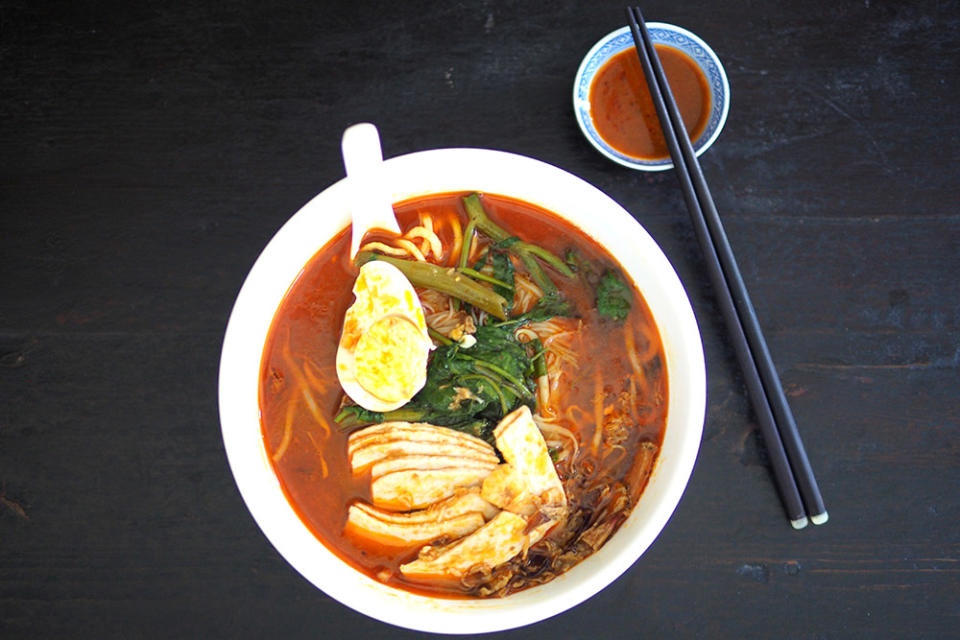 The prawn mee is a crowd favourite for the fragrant broth heavily laced with reddish oil.