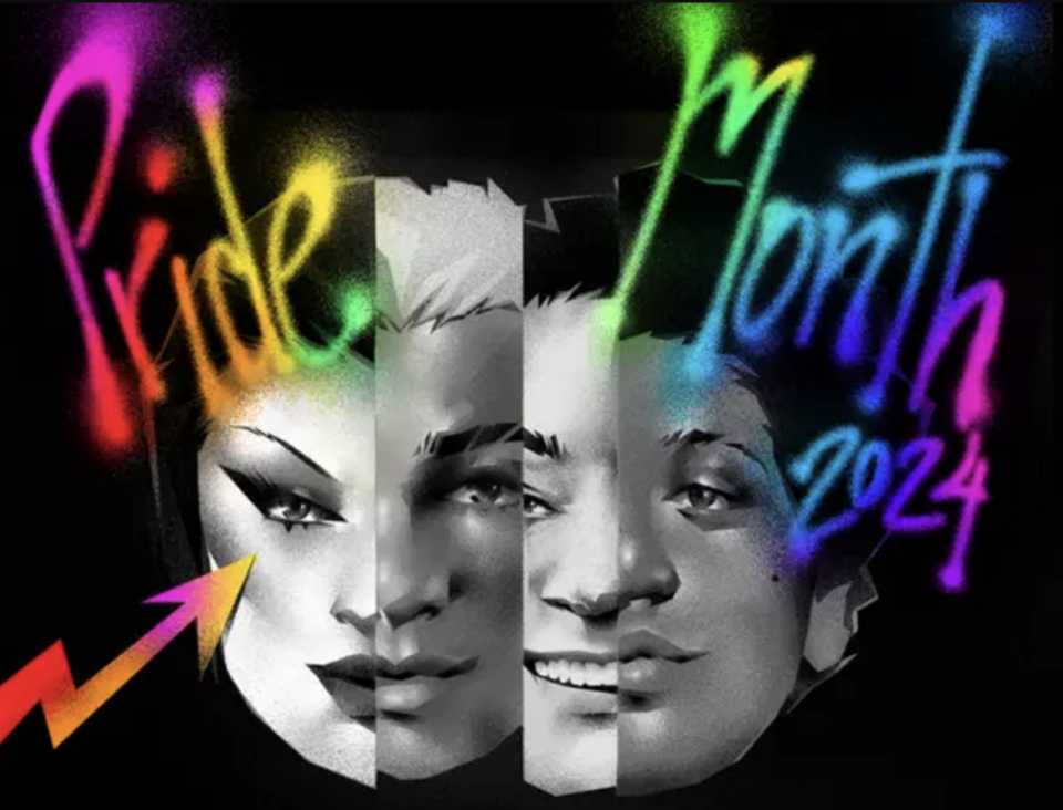 Gradient graffiti art with the text "Pride Month 2024" in rainbow colors, featuring faces of three people split and blended together