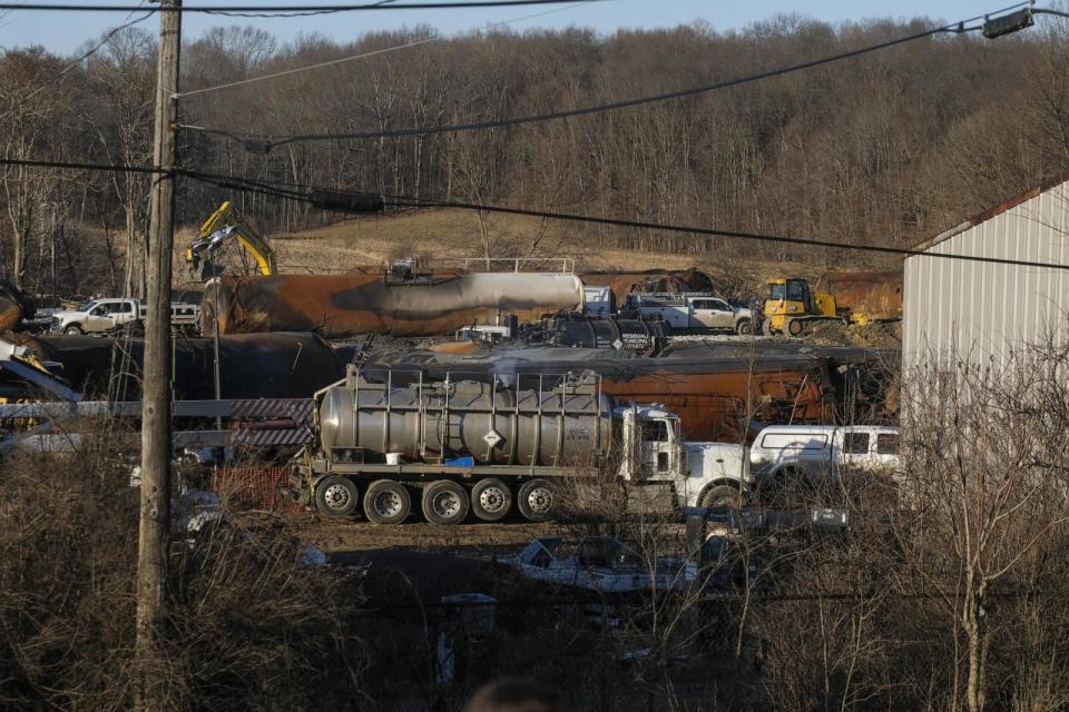 PHOTO: Wreckage from a Norfolk Southern train derailment in East Palestine, Ohio, Feb. 20, 2023.  (Matthew Hatcher/Bloomberg via Getty Images, FILE)