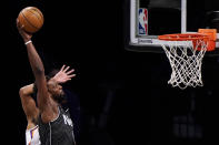 Brooklyn Nets forward Jeff Green (8) prepares to dunk the ball during the first quarter of an NBA basketball game Phoenix Suns, Sunday, April 25, 2021, in New York. (AP Photo/Kathy Willens)