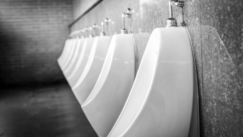 Black-and-white image of a row of urinals in a public men's room.
