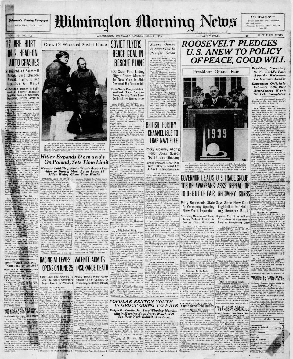 Front page of the Wilmington Morning News from May 1, 1939.