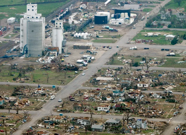 This photos shows damage from the tornado that struck Greensburg in south-central Kansas on May 4, 2007.