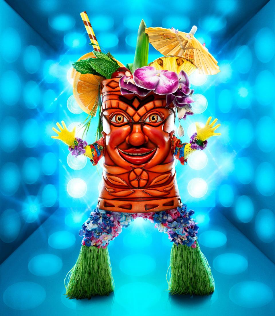 Person in Tiki costume on "The Masked Singer" season 10.