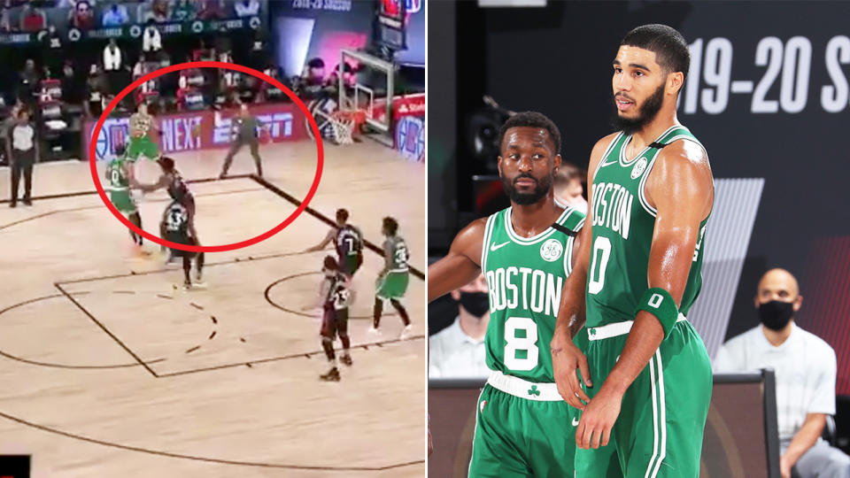 Jayson Tatum (pictured right) looking bemused and Raptors coach Nick Nurse (pictured left) walking on the court.