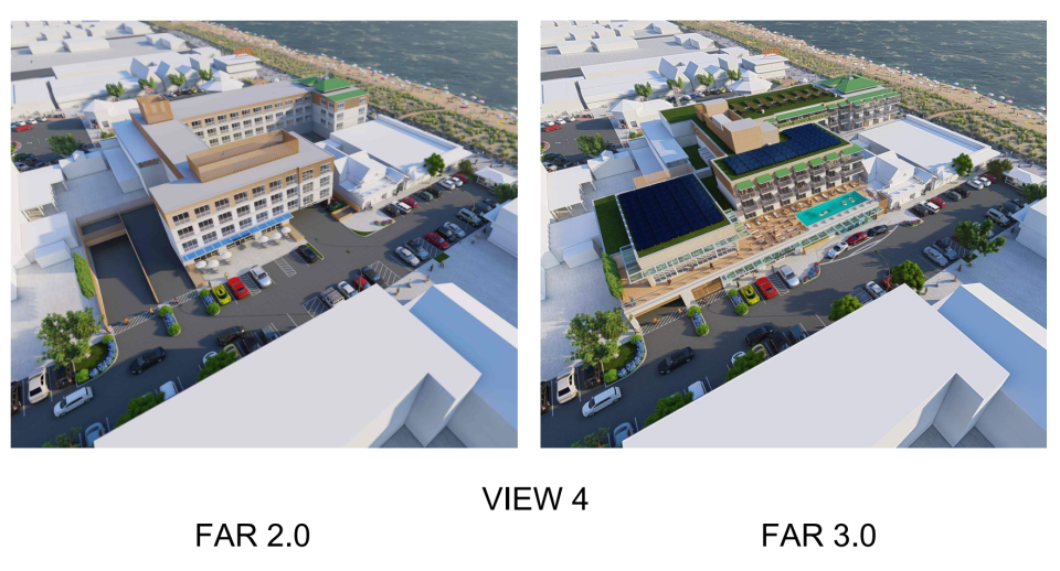 Side-by-side renderings offer a comparison of how the proposed hotel would appear from Wilmington Avenue following a floor area ratios of 2.0 and 3.0.