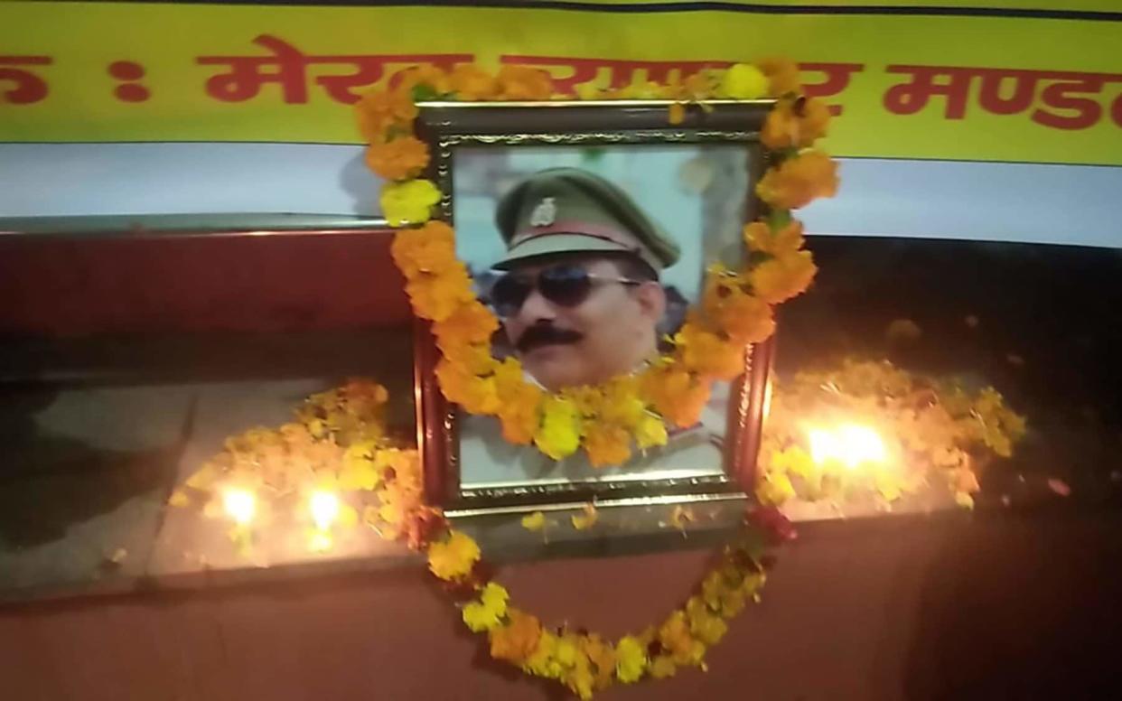 A shrine to Inspector Subodh Kumar Singh, who was killed while investigating the killing of sacred cows - CEN/@WeUttarPradesh