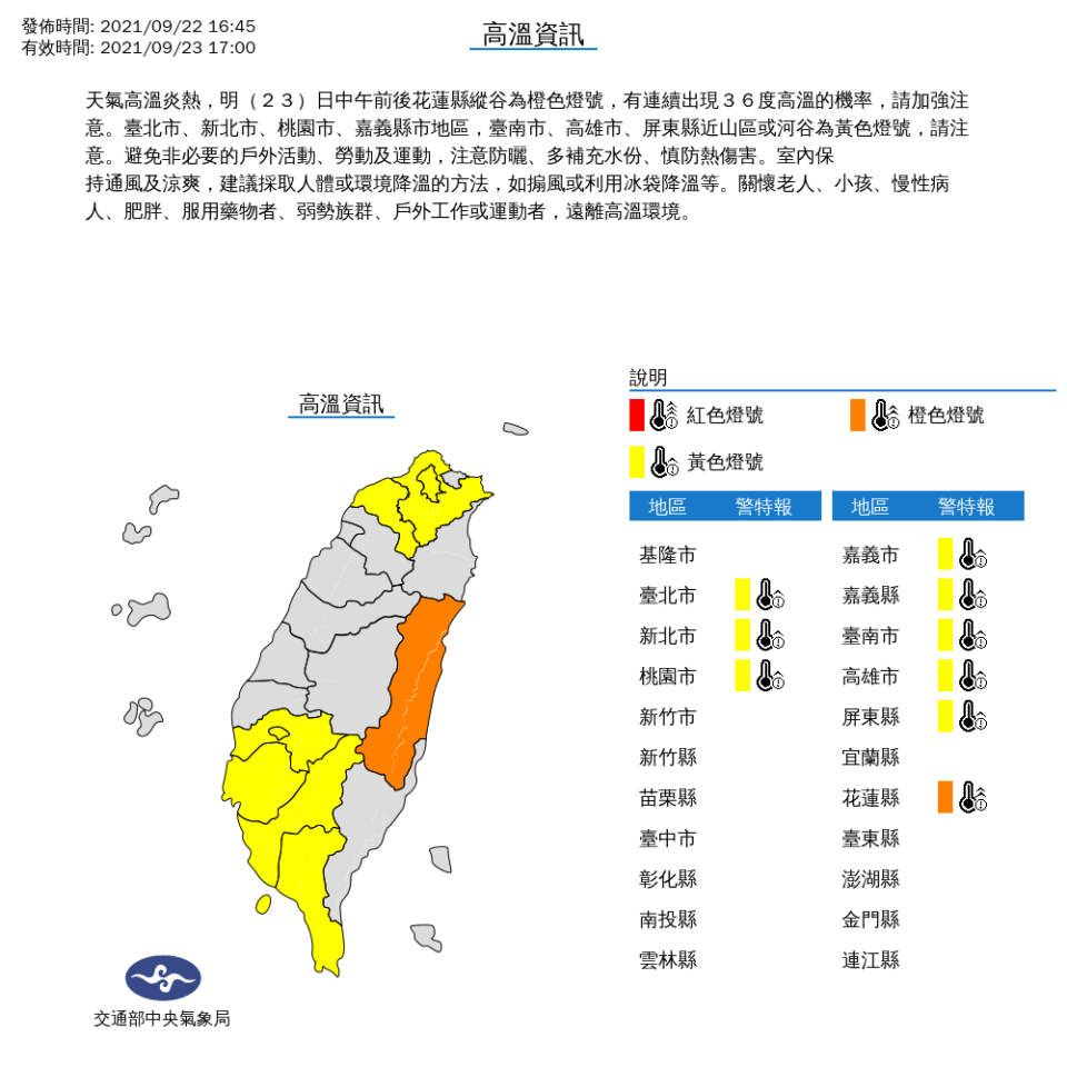 氣象局表示，9/23中午前後嘉義以南、桃園以北、花蓮地區，要慎防高溫。   圖：中央氣象局／提供