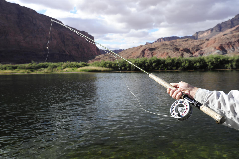 In this photo provided by Terry Gunn, he casts a line at Lees Ferry near Marble Canyon, Ariz., May 24, 2010. From prized rainbow trout to protected native fish, declining reservoirs are threatening the existence of these creatures, and also increasing the cost of keeping them alive. (Terry Gunn via AP)