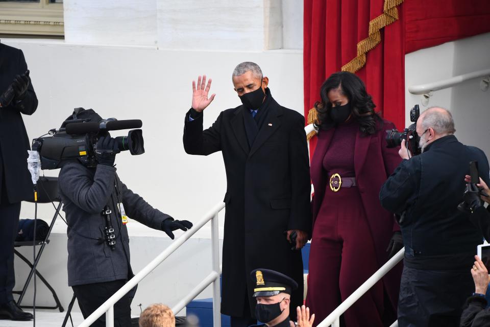 Former President Barack Obama and Michelle Obama arrive before the 2021 Presidential Inauguration of President Joe Biden and Vice President Kamala Harris at the U.S. Capitol.