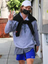 <p>Patrick Schwarzenegger flashes a peace sign after getting a workout in at the gym on Thursday in L.A.</p>