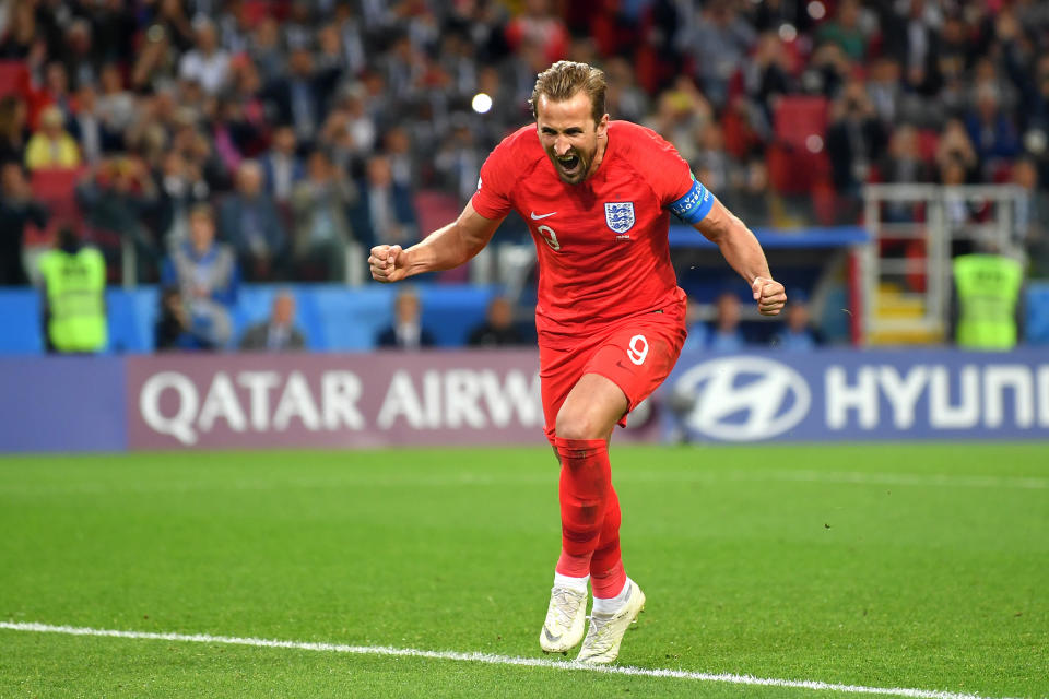 England’s Harry Kane scores from the penalty spot against Colombia during the 2018 FIFA World Cup Russia Round of 16 match between Colombia and England at Spartak Stadium on July 3, 2018 in Moscow, Russia.