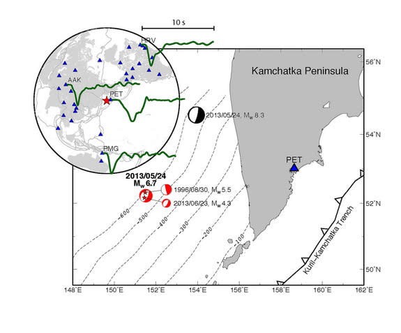 The locations of two super-deep earthquakes offshore of Kamchatka in 2013.