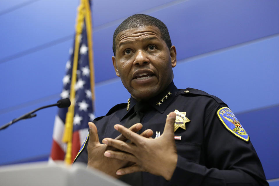 FILE - In this May 21, 2019, file photo, San Francisco Police Chief William Scott answers questions during a news conference in San Francisco. Scott is apologizing for raiding a freelance journalist's home and office to find out who leaked a police report into the unexpected death of the city's former public defender. Scott told the San Francisco Chronicle on Friday, May 24, 2019, the searches were probably illegal and said, "I'm sorry that this happened." (AP Photo/Eric Risberg, File)