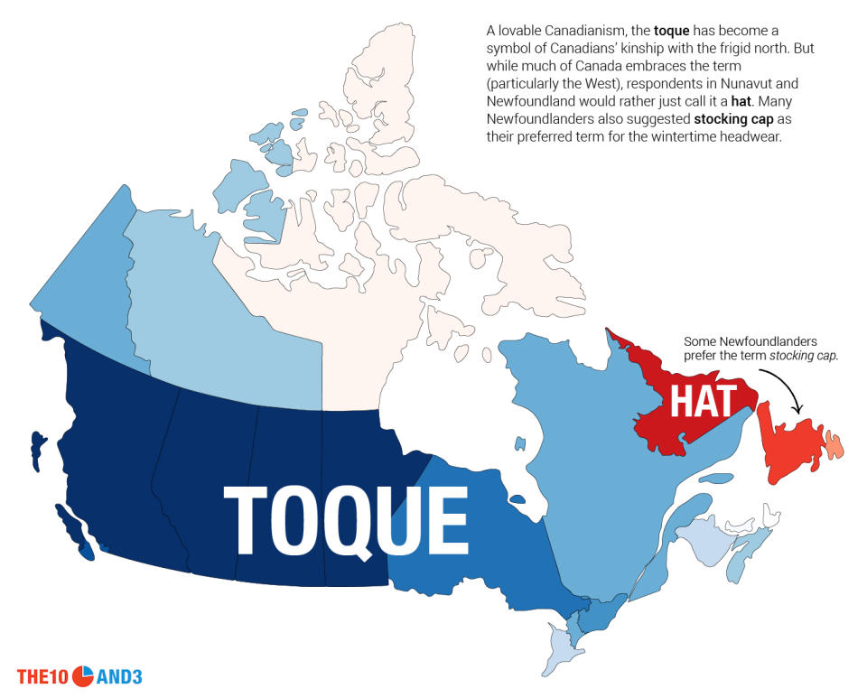 Newfoundlanders found themselves alone among Canadians in not using the word “toque” for a winter hat. Graphic from The 10 and 3