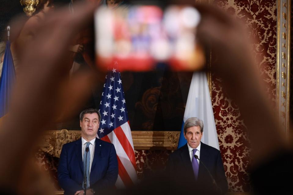 Bavaria's state governor Markus Söder and John Kerry attend a dinner reception at the Munich royal residence during the 2024 Munich Security Conference on Feb. 17, 2024.<span class="copyright">Johannes Simon—Getty Images</span>