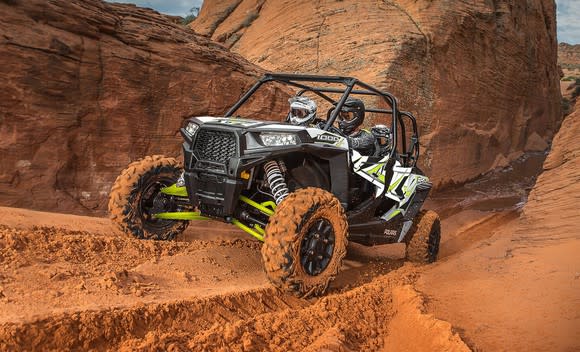 Polaris RZR 1000 driving through a dirt canyon