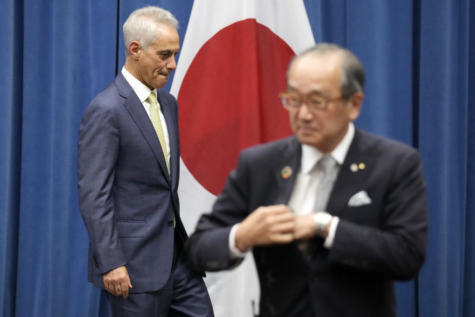 U.S. Ambassador to Japan Rahm Emanuel, left, and Hiroshima Mayor Kazumi Matsui walk away after signing for a sister park arrangement between the Pearl Harbor National Memorial and the Hiroshima Peace Memorial Park at the U.S. Embassy Thursday, June 29, 2023 in Tokyo. (AP Photo/Eugene Hoshiko)