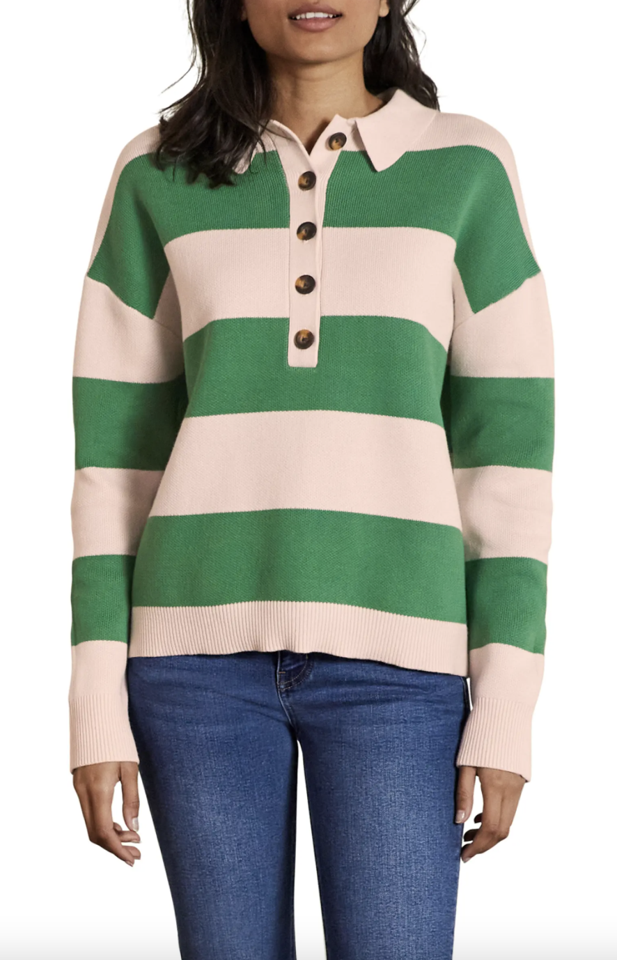 Boden Rugby Stripe Cotton Sweater in green and light pink (Photo via Nordstrom)