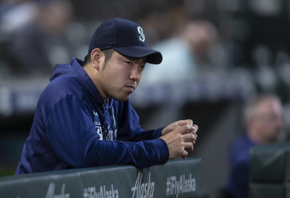 SEATTLE, WA - SEPTEMBER 24: Yusei Kikuchi #18 of the Seattle Mariners is pictured in the dugout before a game against the Houston Astros at T-Mobile Park on September 24, 2019 in Seattle, Washington. The Astros won 3-0. (Photo by Stephen Brashear/Getty Images)