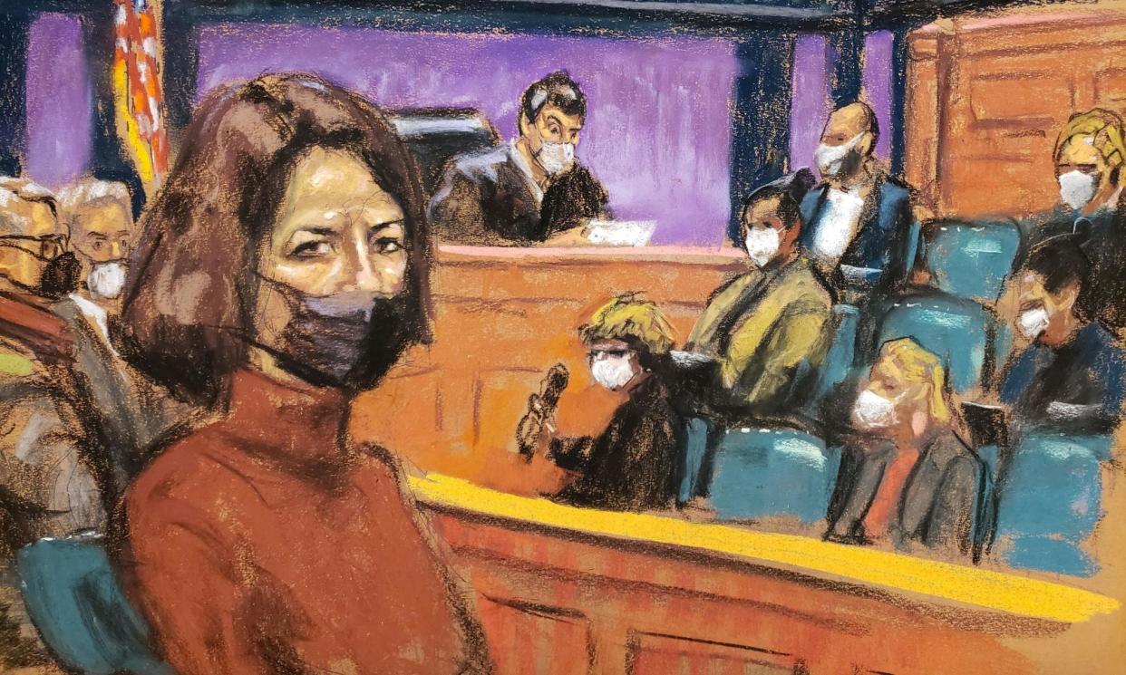 <span>In this courtroom sketch, Ghislaine Maxwell listens as the guilty verdict in her sex abuse trial is announced, New York, December 2021. </span><span>Illustration: Jane Rosenberg/Reuters</span>