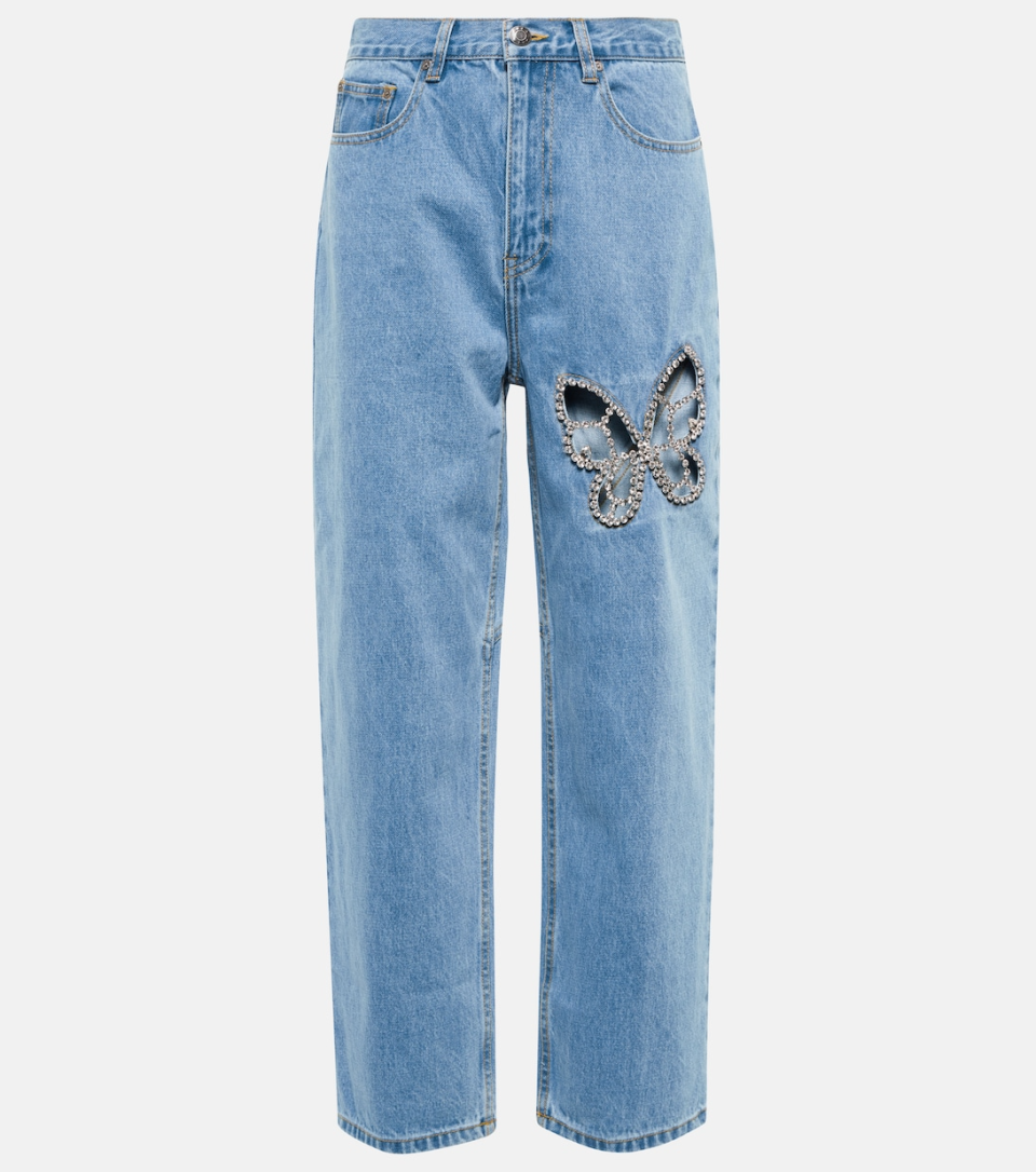 Area Embellished Cutout High Rise Straight Jeans
